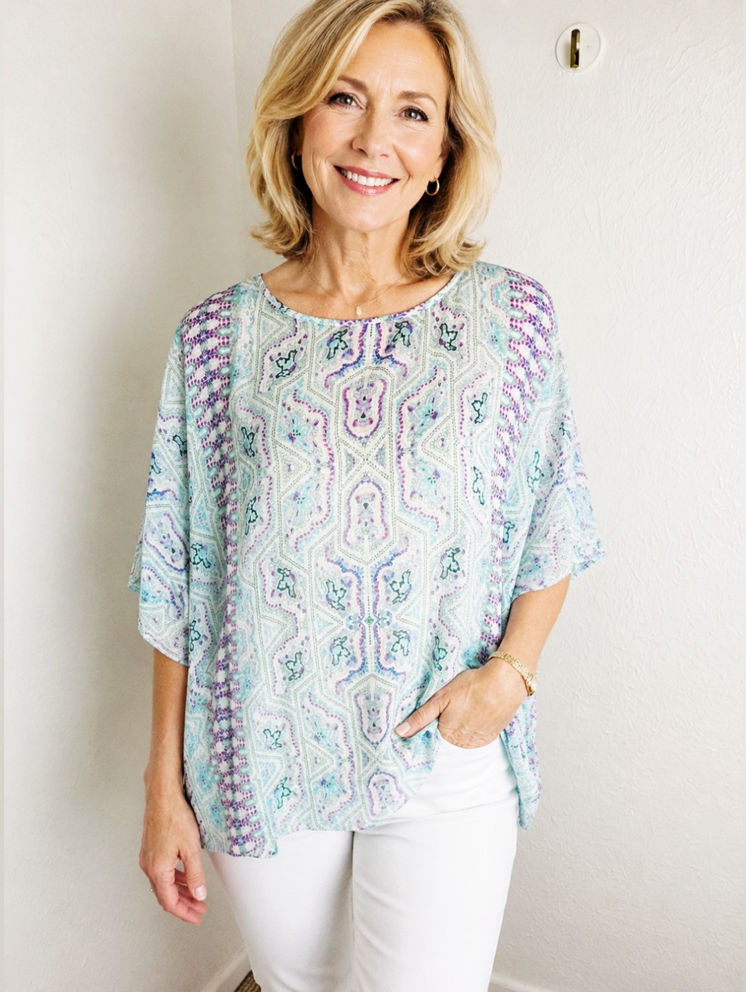 The Limited Teal & Purple Print Oversized Top Longer On Sides, Size Medium